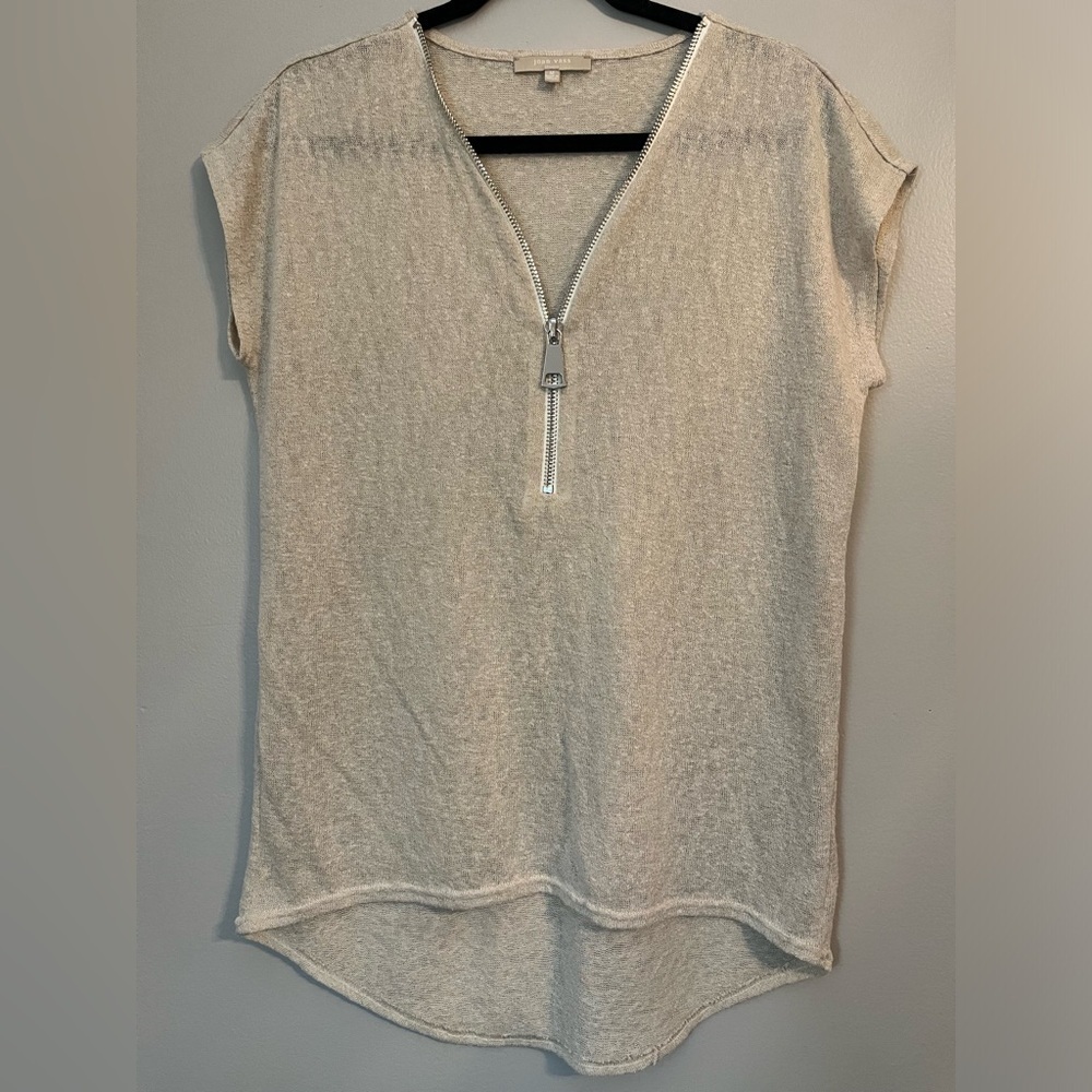 Joan Vass Studio Women's Knit Half Zip V-Neck Cream Tunic Size M
